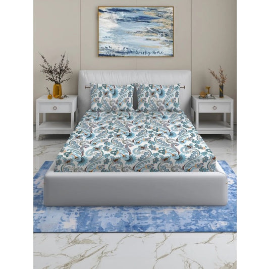 Cotton Blend Floral Printed Double Bedsheet with 2 Pillow Covers (White)