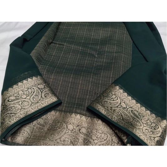 Generic Women's Crepe Chit Pallu Solid Saree With Unstitched Blouse 5.5Mtr (Bottle Green)