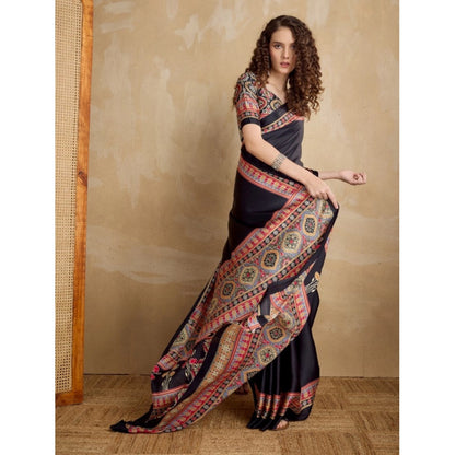 Generic Women's Satin Crepe Printed Saree With Unstitched Blouse 5.5Mtr (Black)