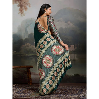 Generic Women's Satin Crepe Printed Saree With Unstitched Blouse 5.5Mtr (Green)