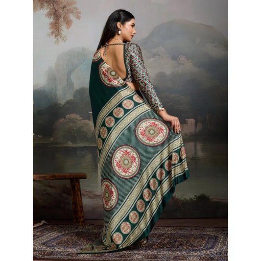 Generic Women's Satin Crepe Printed Saree With Unstitched Blouse 5.5Mtr (Green)