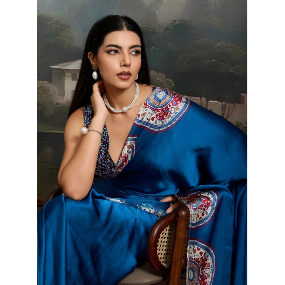 Generic Women's Satin Crepe Printed Saree With Unstitched Blouse 5.5Mtr (Blue)
