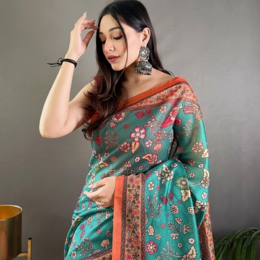 Women's Linen Printed Saree With Unstitched Blouse 5.5Mtr (Olive)