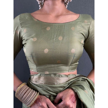 Generic Women's Satin Printed Saree With Unstitched Blouse 5.5Mtr (Green)