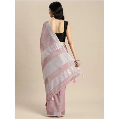 Generic Women's Linen Cotton Printed Saree With Unstitched Blouse 5.5Mtr (Purple)