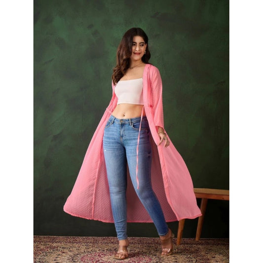 Women's Chiffon Self Design Long Sleeves Shrug (Pink)