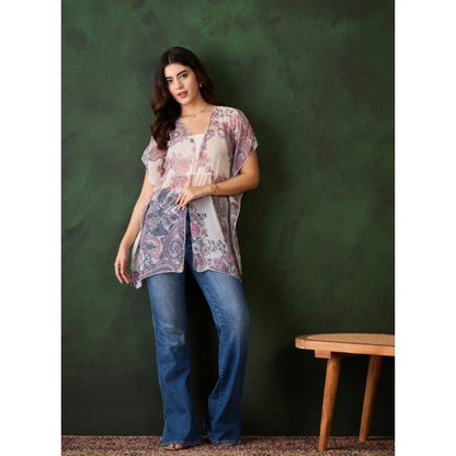 Generic Women's Chiffon Printed Short Sleeves Shrug (White - Purple)