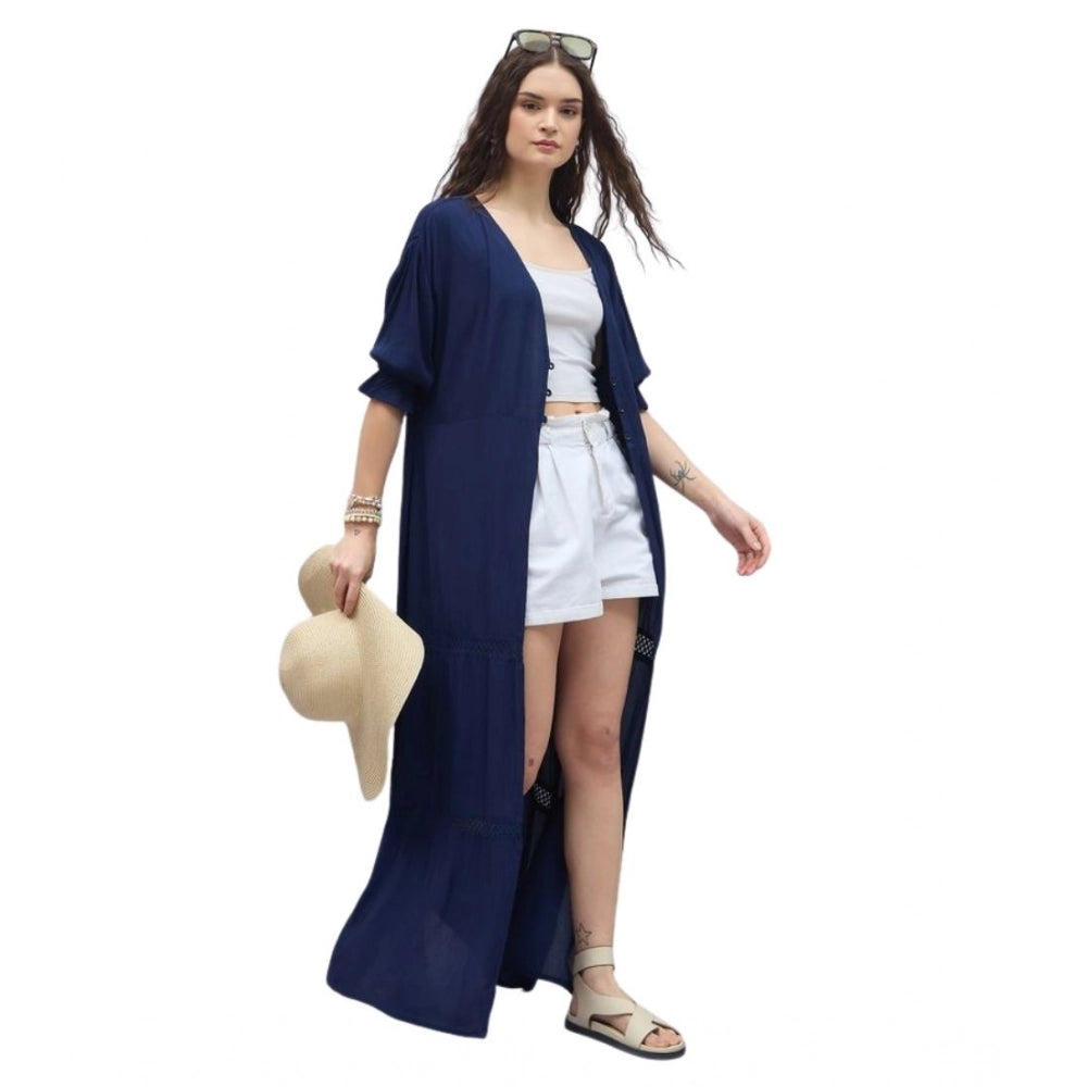 Women's Rayon Crepe Lace Inserts 3-4th Sleeve Shrug (Navy)