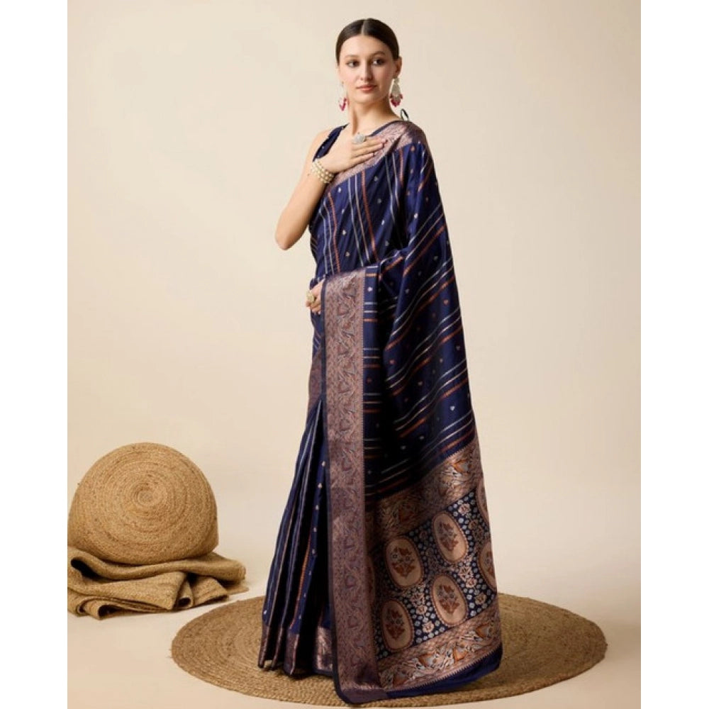Generic Women's Soft Silk Jacquard Saree With Unstitched Blouse 5.5Mtr (Navy)