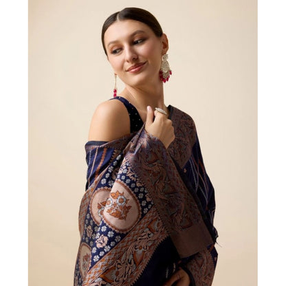 Generic Women's Soft Silk Jacquard Saree With Unstitched Blouse 5.5Mtr (Navy)