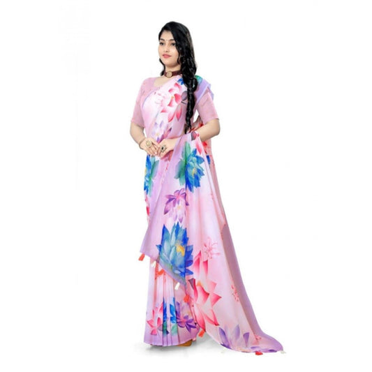 Generic Women's Georgette Floral Printed Saree With Unstitched Blouse 5.5Mtr (Light Pink)