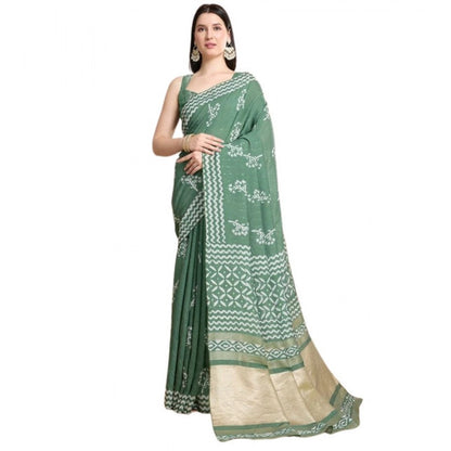 Generic Women's Semi Cotton Printed Saree With Unstitched Blouse 5.5Mtr (Green)