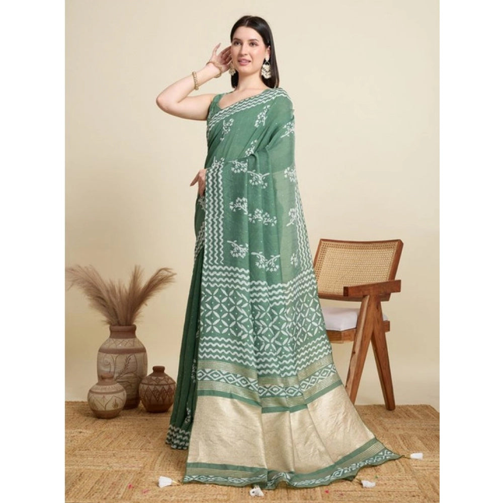 Generic Women's Semi Cotton Printed Saree With Unstitched Blouse 5.5Mtr (Green)