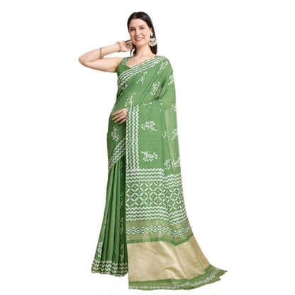 Generic Women's Semi Cotton Printed Saree With Unstitched Blouse 5.5Mtr (Mint-Green)