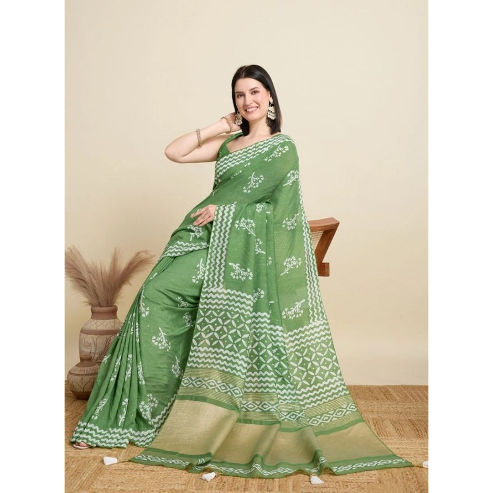 Generic Women's Semi Cotton Printed Saree With Unstitched Blouse 5.5Mtr (Mint-Green)