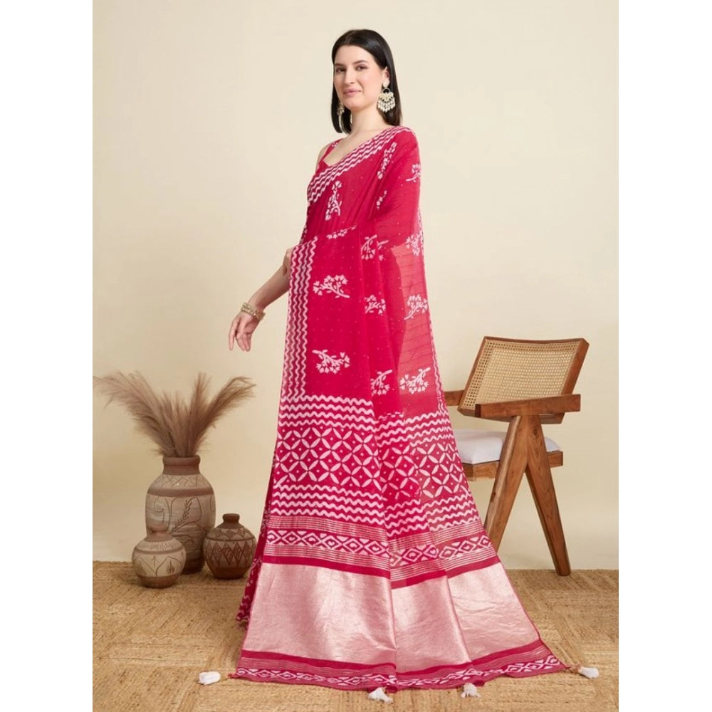 Generic Women's Semi Cotton Printed Saree With Unstitched Blouse 5.5Mtr (Red)