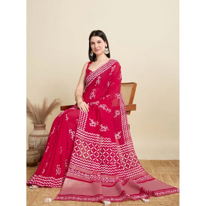 Generic Women's Semi Cotton Printed Saree With Unstitched Blouse 5.5Mtr (Red)