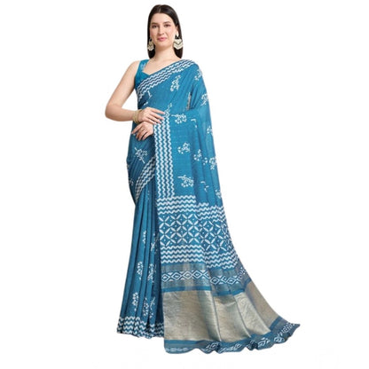 Generic Women's Semi Cotton Printed Saree With Unstitched Blouse 5.5Mtr (Sky-Blue)