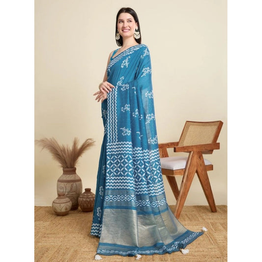 Generic Women's Semi Cotton Printed Saree With Unstitched Blouse 5.5Mtr (Sky-Blue)
