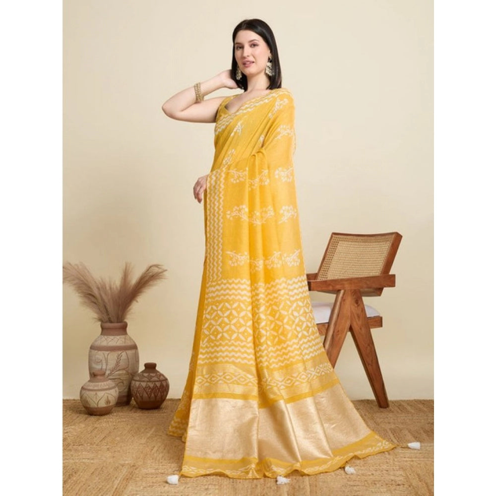 Generic Women's Semi Cotton Printed Saree With Unstitched Blouse 5.5Mtr (Yellow)