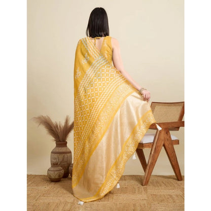Generic Women's Semi Cotton Printed Saree With Unstitched Blouse 5.5Mtr (Yellow)