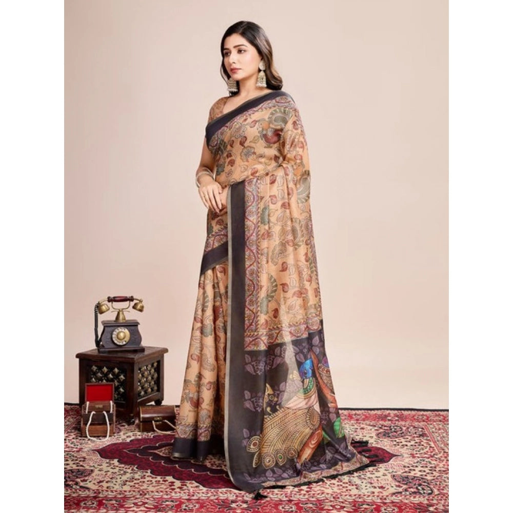 Generic Women's Semi Cotton Digital Print Saree With Unstitched Blouse 5.5Mtr (Beige)
