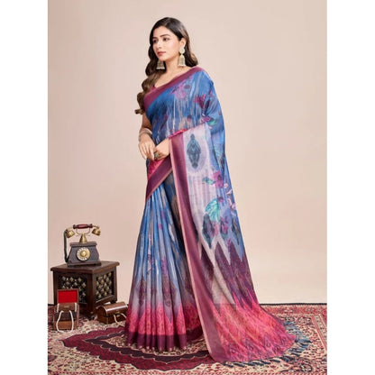 Generic Women's Semi Cotton Digital Print Saree With Unstitched Blouse 5.5Mtr (Blue)