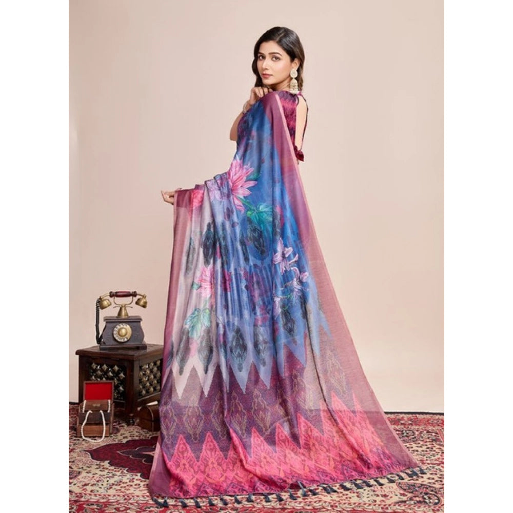 Generic Women's Semi Cotton Digital Print Saree With Unstitched Blouse 5.5Mtr (Blue)