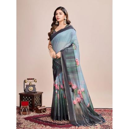 Generic Women's Semi Cotton Digital Print Saree With Unstitched Blouse 5.5Mtr (Green)
