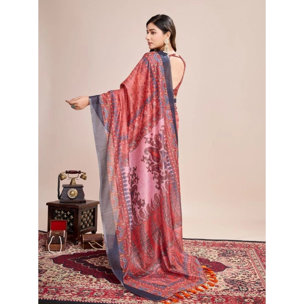Generic Women's Semi Cotton Digital Print Saree With Unstitched Blouse 5.5Mtr (Peach)