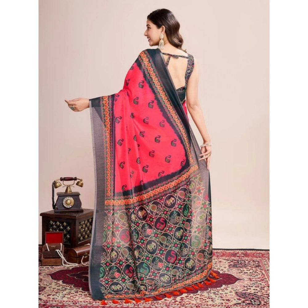 Generic Women's Semi Cotton Digital Print Saree With Unstitched Blouse 5.5Mtr (Red)