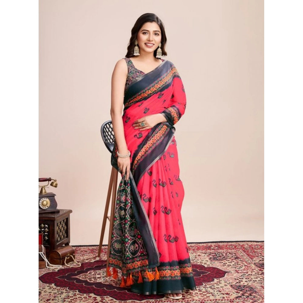 Generic Women's Semi Cotton Digital Print Saree With Unstitched Blouse 5.5Mtr (Red)
