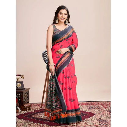 Generic Women's Semi Cotton Digital Print Saree With Unstitched Blouse 5.5Mtr (Red)