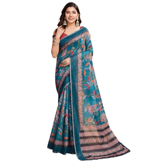 Generic Women's Semi Cotton Digital Print Saree With Unstitched Blouse 5.5Mtr (Teal)