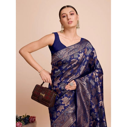 Generic Women's Soft Silk Jacquard Saree With Unstitched Blouse 5.5Mtr (Navy-Blue)