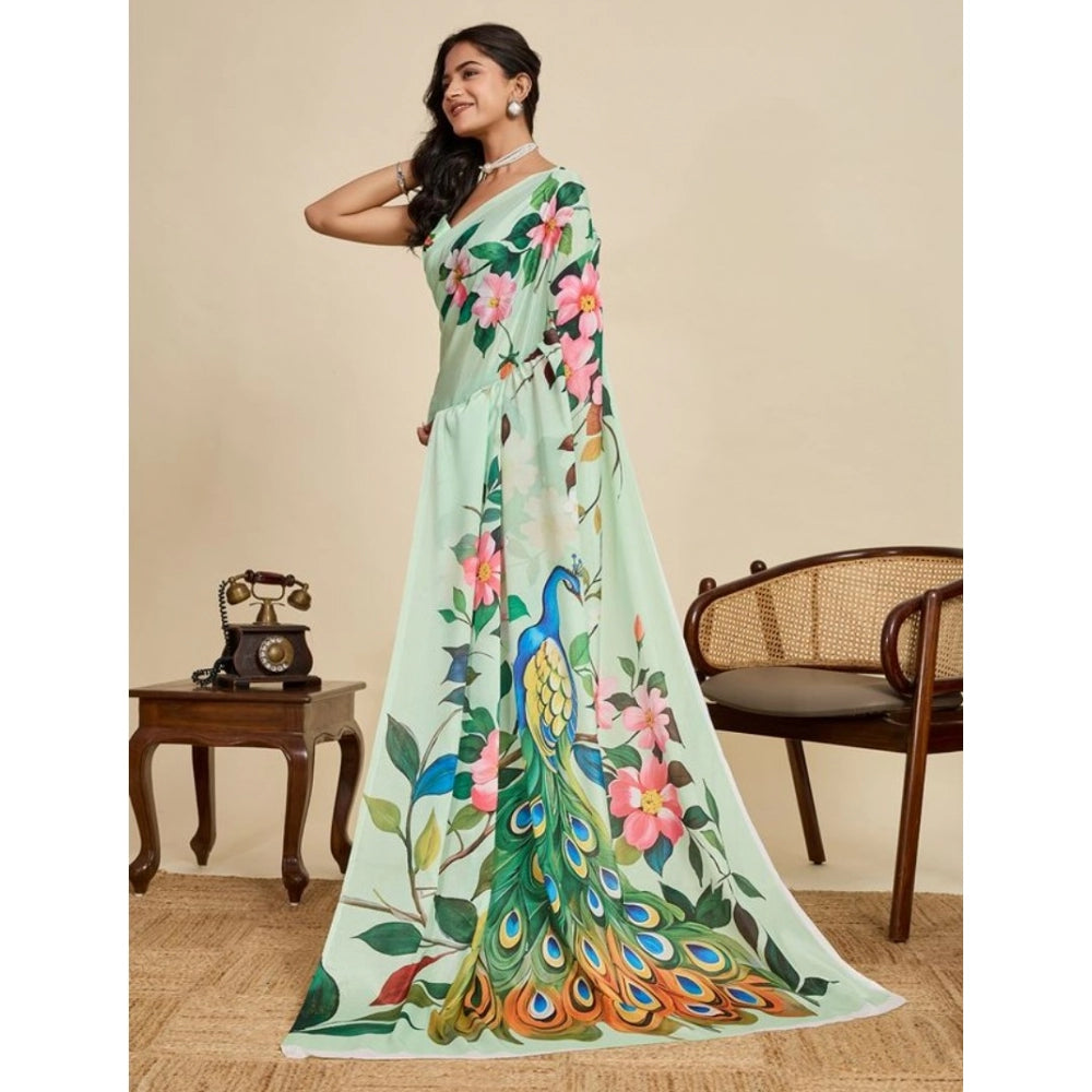 Generic Women's Faux_Georgette Printed Saree With Unstitched Blouse 5.5Mtr (Light_Green)