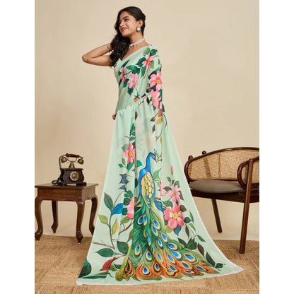 Generic Women's Faux_Georgette Printed Saree With Unstitched Blouse 5.5Mtr (Light_Green)