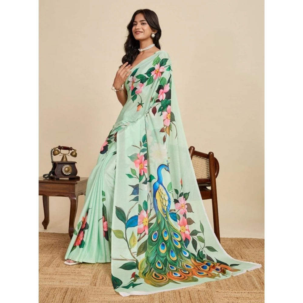 Generic Women's Faux_Georgette Printed Saree With Unstitched Blouse 5.5Mtr (Light_Green)