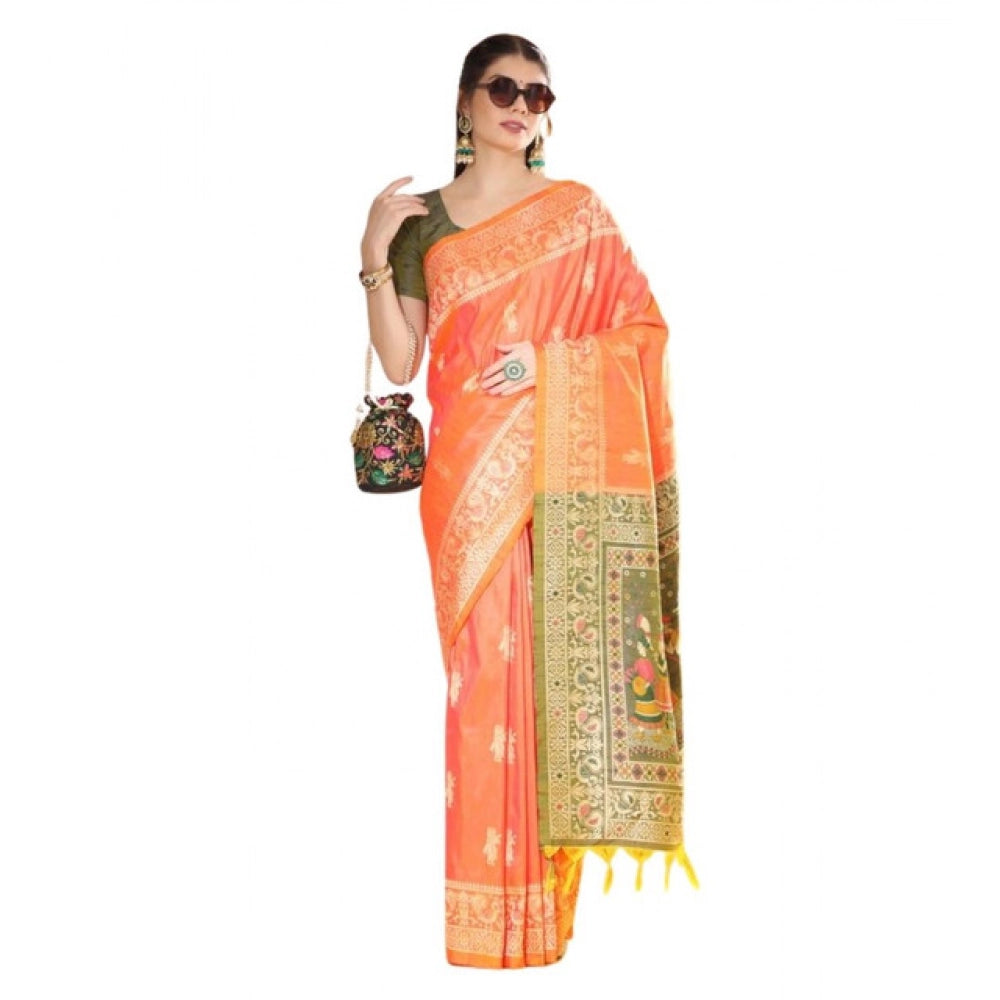 Generic Women's Raw_Silk Woven_Motif Saree With Unstitched Blouse 5.5Mtr (Orange)