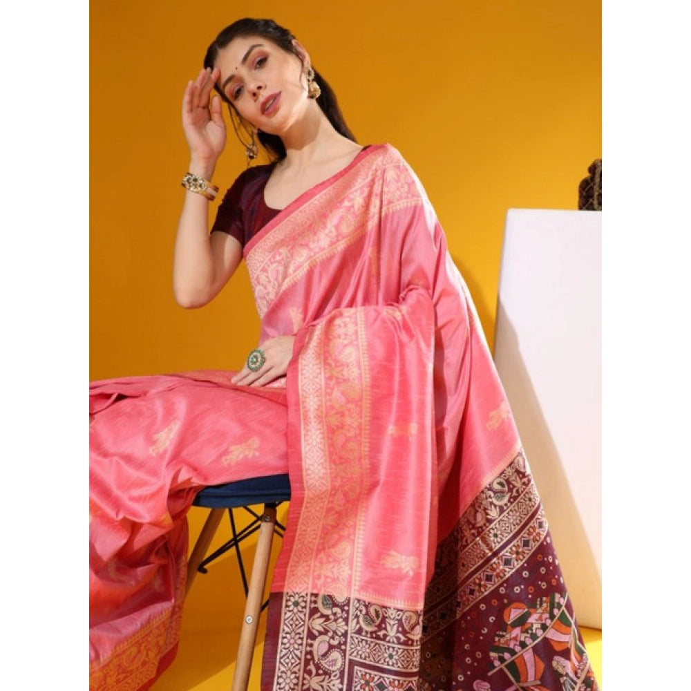 Generic Women's Raw_Silk Woven_Motif Saree With Unstitched Blouse 5.5Mtr (Pink)
