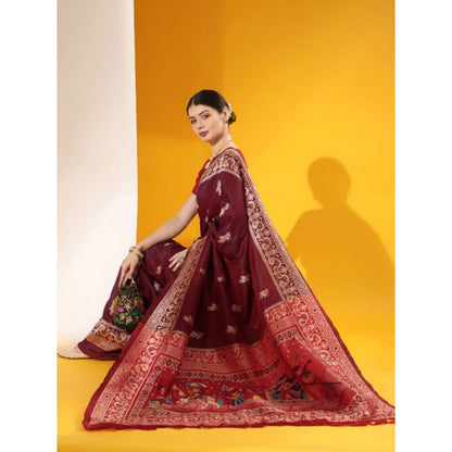 Generic Women's Raw_Silk Woven_Motif Saree With Unstitched Blouse 5.5Mtr (Maroon)