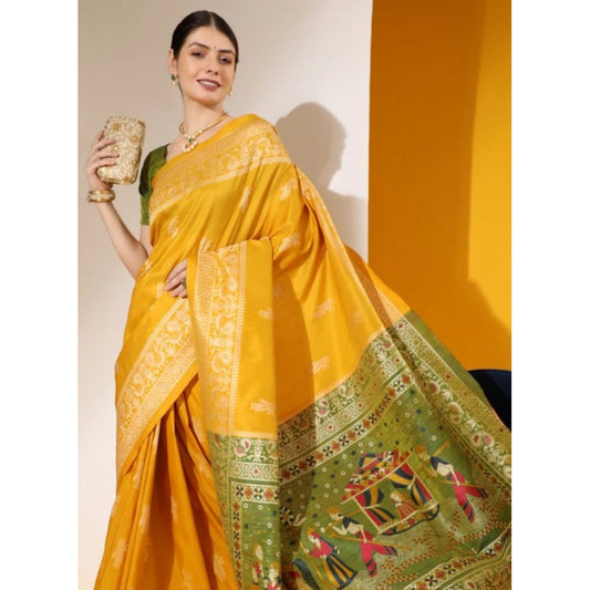 Generic Women's Raw_Silk Woven_Motif Saree With Unstitched Blouse 5.5Mtr (Yellow)