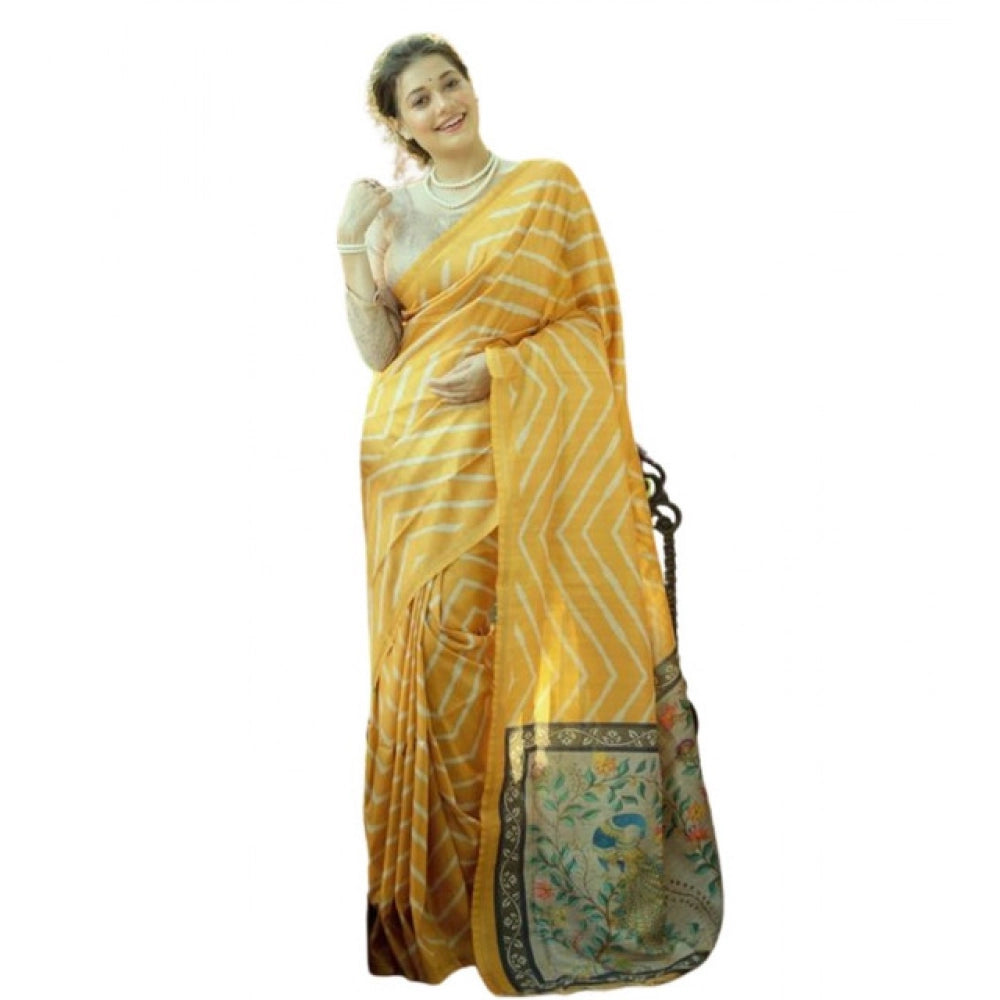 Women's Faux Tussar_Silk Geometric_Print Saree With Unstitched Blouse 5.5Mtr (Mustard)