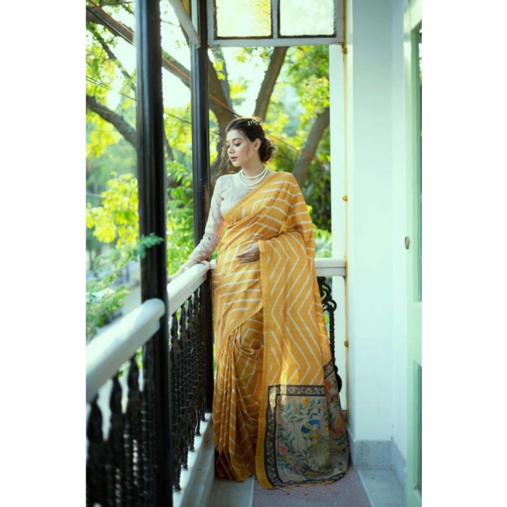 Women's Faux Tussar_Silk Geometric_Print Saree With Unstitched Blouse 5.5Mtr (Mustard)