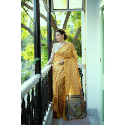 Women's Faux Tussar_Silk Geometric_Print Saree With Unstitched Blouse 5.5Mtr (Mustard)
