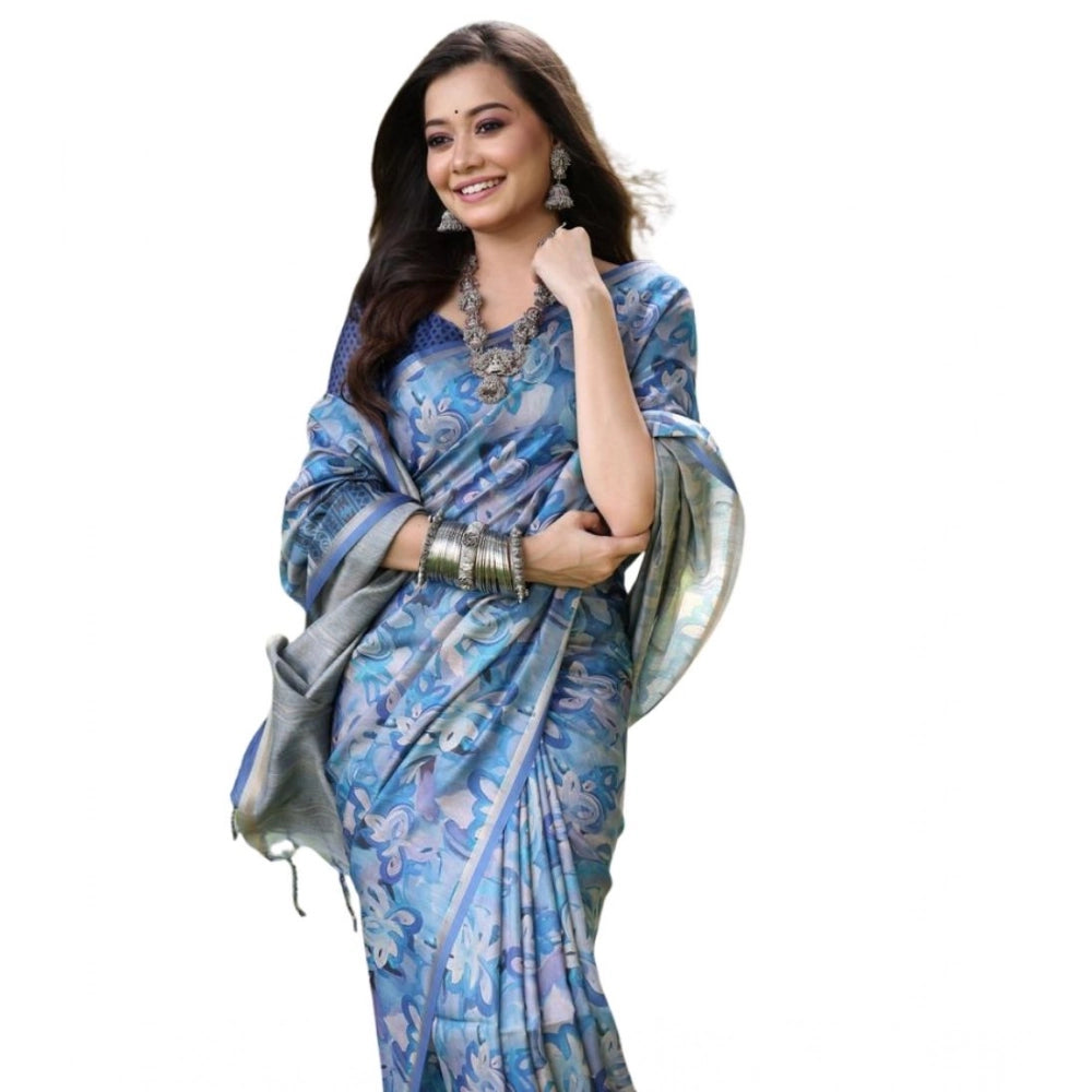 Women's Faux Tussar Silk Abstract_Print Saree With Unstitched Blouse 5.5Mtr (Blue)