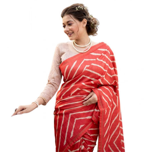 Women's Faux Tussar Silk Geometric Print Saree With Unstitched Blouse 5.5Mtr (Red)