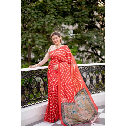 Women's Faux Tussar Silk Geometric Print Saree With Unstitched Blouse 5.5Mtr (Red)