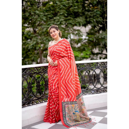 Women's Faux Tussar Silk Geometric Print Saree With Unstitched Blouse 5.5Mtr (Red)