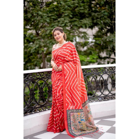 Women's Faux Tussar Silk Geometric Print Saree With Unstitched Blouse 5.5Mtr (Red)